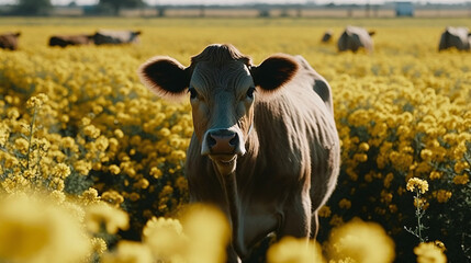 fotograficzny portret krowy pasącej się na żółtym, kwitnącym polu rzepaku