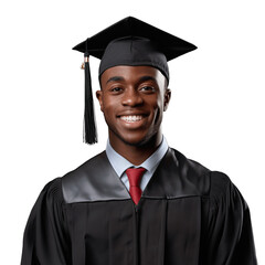 Portrait of a handsome, young, black african american man wearing graduation cap and gown. Isolated on transparent background, no background.