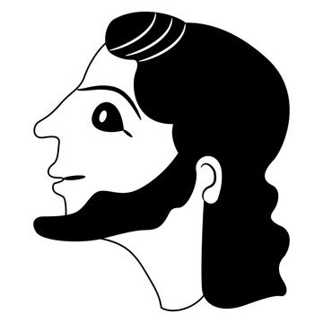 Head of ancient Greek man in profile. Ethnic design. Vase painting style. Black and white silhouette.