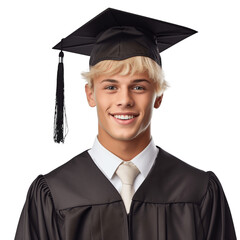 Portrait of a handsome, young, blond man wearing graduation cap and gown. Isolated on transparent background, no background.