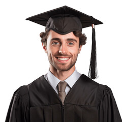 Portrait of a handsome, young, brunette man wearing graduation cap and gown. Isolated on transparent background, no background.
