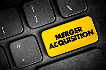 Merger Acquisition - involves the process of combining two companies into one, text concept button...