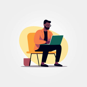 man sitting working on his laptop, vector illustration