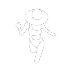A beautiful girl walking at sea with hat and swimsuit in outline art style on white background for webs posters cards
