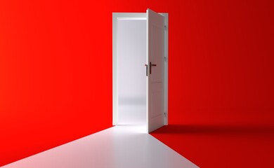 Open the door. Symbol of new career, opportunities, business ventures and initiative. Business concept. 3d render, white light inside open door isolated on red background. Modern minimal concept.