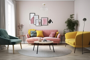 Stylish living room interior of a modern apartment and trendy furniture, plants and elegant accessories. Home decor