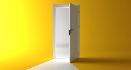 Naklejka premium Open the door. Symbol of new career, opportunities, business ventures and initiative. Business concept. 3d render, white light inside open door isolated on yellow background. Modern minimal concept.