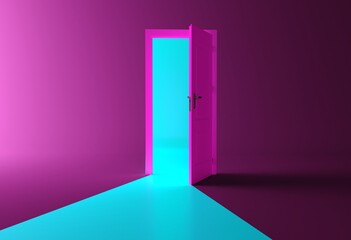 Open the door. Symbol of new career, opportunities, business ventures and initiative. Business concept. 3d render, blue light inside open door isolated on pink background. Modern minimal concept. - obrazy, fototapety, plakaty