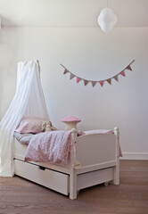 children,  bedroom, child, kid, interior, home, house, gild, romantic, french, mushroom, lamp, pink, soft, baldaquin, guarland, bedlinen, linen, bed,  © Annecatherine