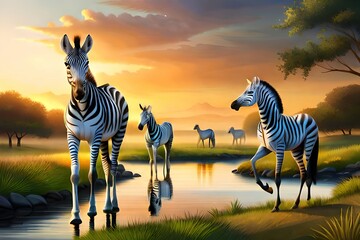 Obraz premium zebra in the meadow at sunset, generative ai