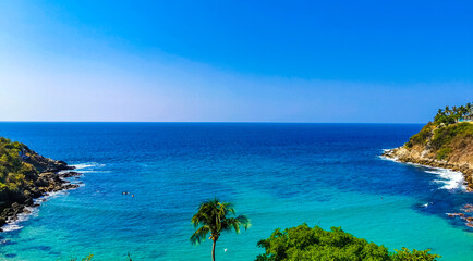 Beach sand blue turquoise water waves panorama Carrizalillo Puerto Escondido.