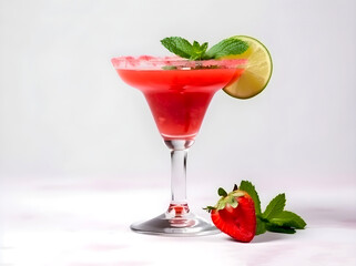 Frozen strawberry margarita cocktail in margarita glass isolated on white. AI generated