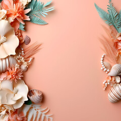 Fototapeta na wymiar Copy space with shells, pearls, leaves and pampas. Romantic pastel background. Minimal concept. Generative AI.