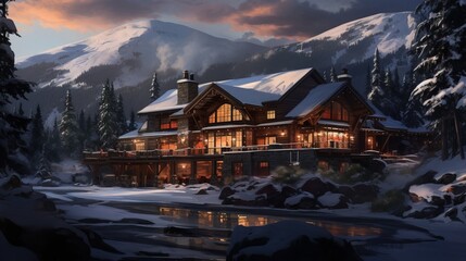 Fototapeta premium Cozy Mountain Lodge Amidst Towering Snow-Covered Pines - Generative AI