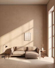 Minimalistic interior in neutral beige shades. Aesthetic apartment design concept