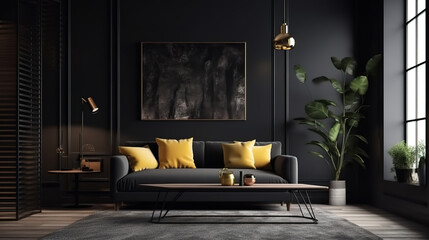 Home interior mock-up with sofa and decor, black stylish loft living room. Generative Ai