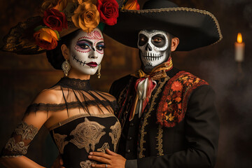 Dia de los muertos, male and female catrina: Catrina and Catrin wearing sugar skull make up. Halloween. Generative AI