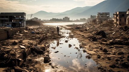 Coastal City Grappling with Aftermath of Powerful Tsunami - Generative AI
