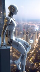 Humanoid Robot Gazing High in Futuristic Skyscraper - Generative AI