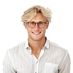 Portrait of a handsome, young blond man wearing eyeglasses and shirt. Isolated on transparent background. No background.