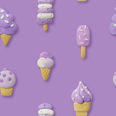 Seamless plasticine background.Hand drawn lilac ice creams. Modelling clay.