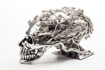 Steel skull with a mechanism, isolate on a white background. AI generated.
