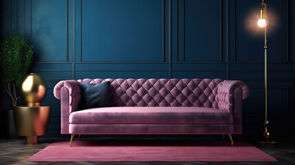 Fototapeta premium Modern dark blue living room interior with pink color couch and golden decor. Generative Ai