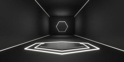 Technology floor and wall The background of the product base in the room with hexagon laser light 3D illustration