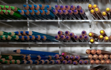 Variety of Professional Colored Pencils for Artists and Designers. Creative Education Concept.