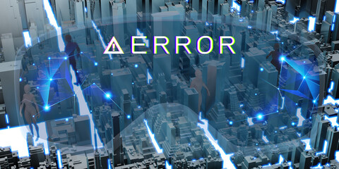 Virtual reality The Metaverse world through VR camera view Cities and people in a simulated world 3D illustration