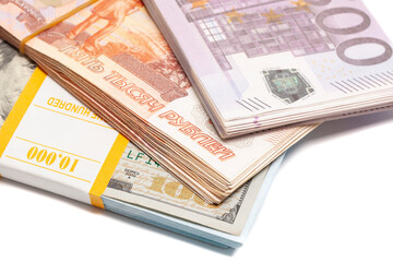 Dollar, euro and ruble banknotes. International currencies.