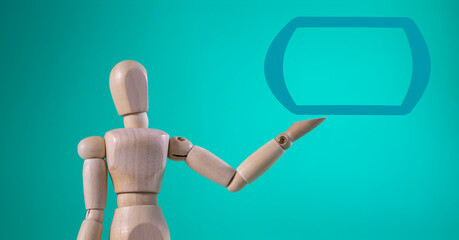 Wooden Figure Sitting. Hand Shows Open Palm with Copy Space Product or Text. Standing Wooden Man.
