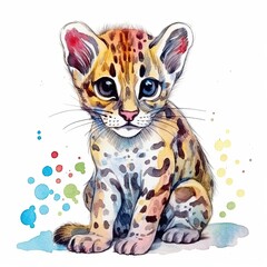 Fototapeta na wymiar Baby Margay watercolor with ink outline on white background, high detailed (generative AI)