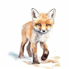 Fototapeta premium Baby Fox watercolor with ink outline on white background, high detailed (generative AI)