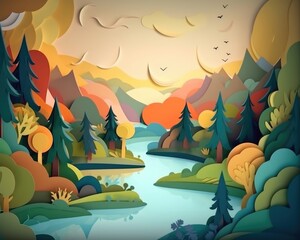 Fototapeta na wymiar A paper-cut style fantasy landscape of trees, lake and mountains illustrated in 3D. (Generative AI)