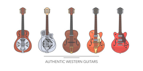 Vintage retro guitar set. Outline colorful guitars on white background. Vector illustration.