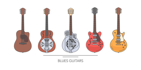 Blues guitar set. Outline colorful guitars on white background. Vector illustration. - obrazy, fototapety, plakaty