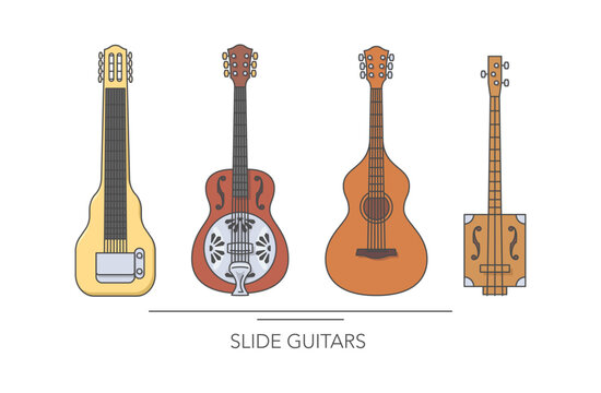 Lap steel slide guitar set. Outline colorful guitars on white background. Vector illustration.