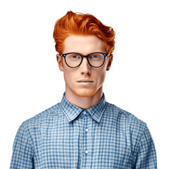 portrait of a handsome, young red- haired man wearing eyeglasses and blue shirt. isolated on transparent background. no background.