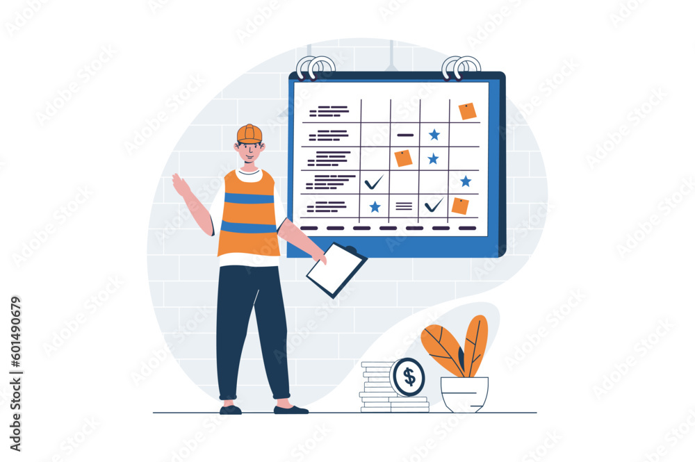 Aufkleber Construction engineer web concept with character scene. Man creating plan and deadline for building process. People situation in flat design. Vector illustration for social media marketing material.