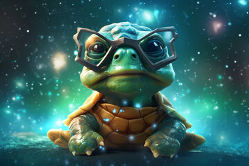 Cute little green turtle with glasses float in endless space