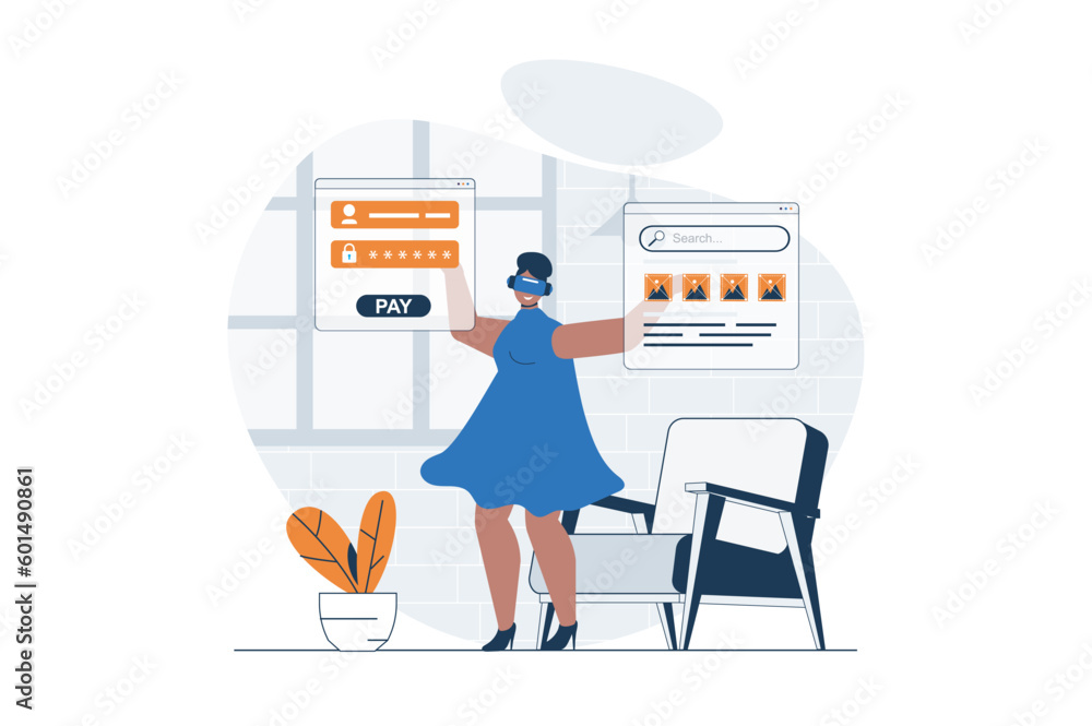 Poster cyberspace web concept with character scene. woman in vr works and interacts with screens in virtual