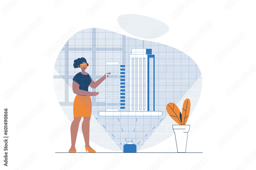 Leinwandbilder Cyberspace web concept with character scene. Woman in VR creating buildings hologram for architect project. People situation in flat design. Vector illustration for social media marketing material.