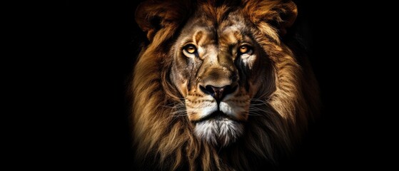 Stunning photo of a majestic lion against a black background. Gorgeous digital image. Beautiful wallpaper, backgrounds. Generative AI. 