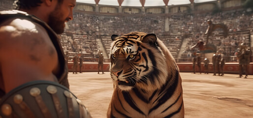 Fototapeta na wymiar Tiger against gladiator in the Colosseum.