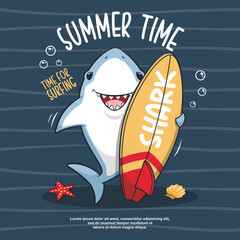 Summer Time With Shark And Surfboard, Time For Surfing. Cute Cartoon Illustration