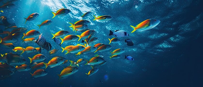 Stunning underwater image of a school of vibrant fish. Famous digital image. Generative AI.