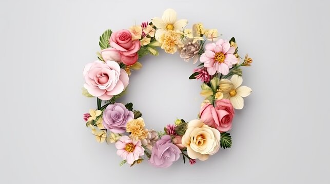 Wreath made of pastel coloured flowers with green leaves. Delicate floral wreath. Background with copy space. Generative ai composite. 