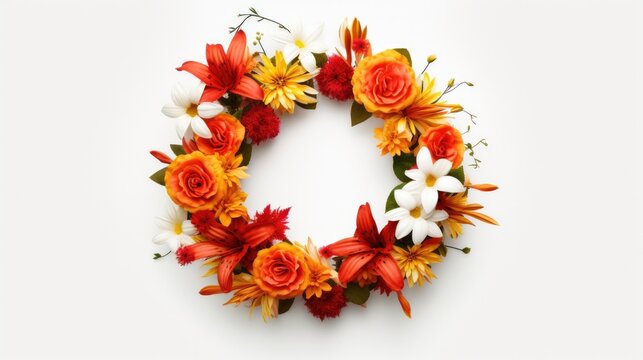Wreath made of striking red and orange flowers with greenery. Floral wreath. Background with copy space. Generative AI. 