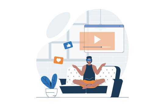 Cyberspace web concept with character scene. Man in VR glasses watching video on screen in virtual reality. People situation in flat design. Vector illustration for social media marketing material.